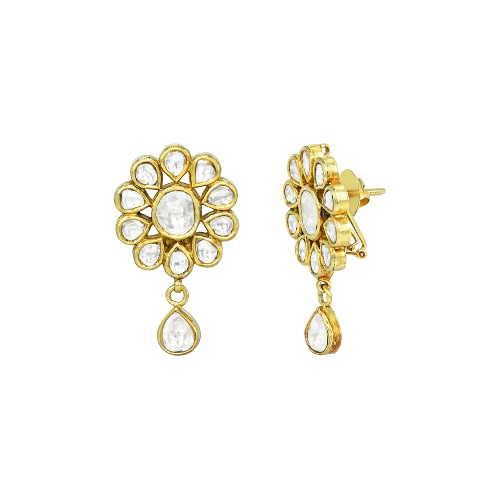 Floral Polki Earrings with Teardrop Dangling